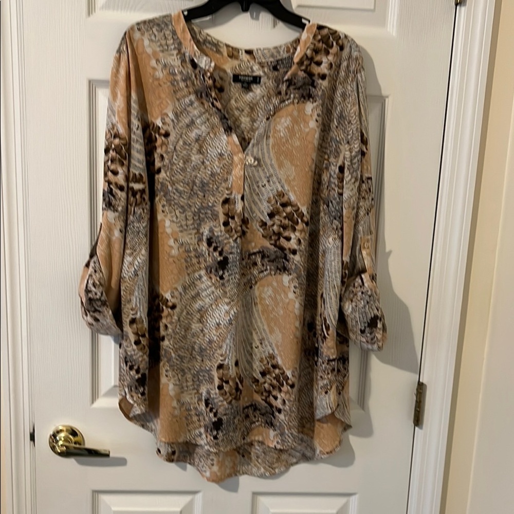 Premise Tan and Brown Bell Sleeve Tunic with Mandarin Collar